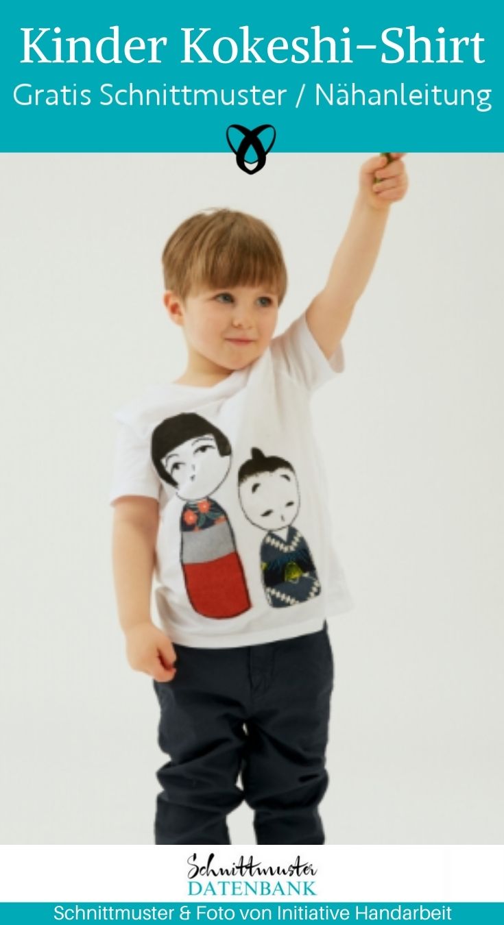 Kinder Kokeshi Shirt Applikation Verschönern Tutorial Japanische Figuren kostenlose Schnittmuster Gratis-Nähanleitung