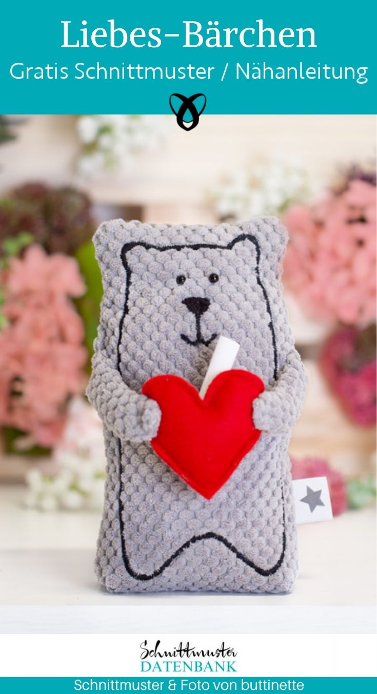 Liebes Bärchen kuscheltier Bär Plüschtier kleines Geschenk Liebe Valentin Botschaft kostenlose Schnittmuster Gratis-Nähidee