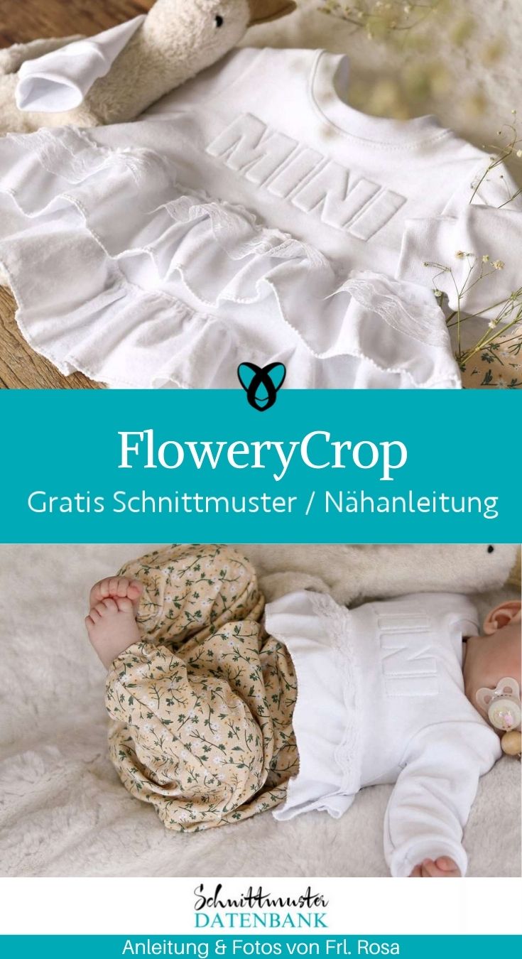 Flowery Crop Oberteil Pullover Baby Shirt Erstausstattung romantisch rueschen kostenlose schnittmuster gratis naehanleitung