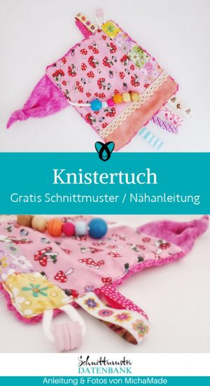 Knistertuch naehen kostenlos buntes Baby-Knistertuch aus verschiedenen Stoffen mit Schlaufen und Knisterfolie naehen kostenlos gratis freebook naehidee naehanleitung