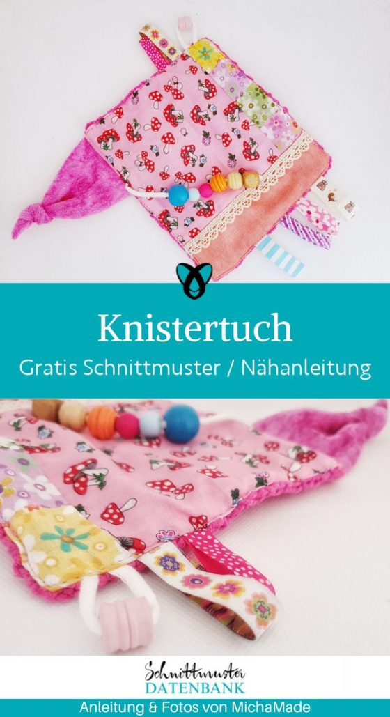 Knistertuch naehen kostenlos buntes Baby-Knistertuch aus verschiedenen Stoffen mit Schlaufen und Knisterfolie naehen kostenlos gratis freebook naehidee naehanleitung